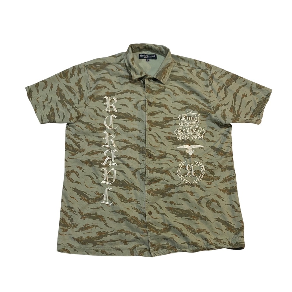 Rock Revival Mens XL Tiger Stripe Camo Embroidered Button Down Shirt WVN9049